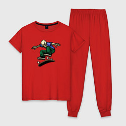 Пижама хлопковая женская Скелет скейтер, цвет: красный