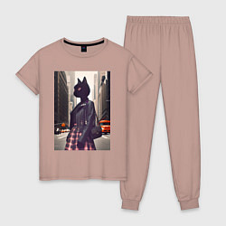 Пижама хлопковая женская Cat fashionista - New York - ai art, цвет: пыльно-розовый