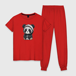 Пижама хлопковая женская Симпатичная панда в капюшоне, цвет: красный