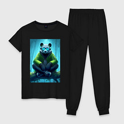 Пижама хлопковая женская Панда слушает музон в лесу - нейросеть, цвет: черный