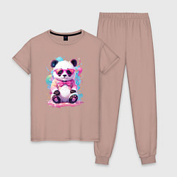 Пижама хлопковая женская Милая панда в розовых очках и бантике, цвет: пыльно-розовый