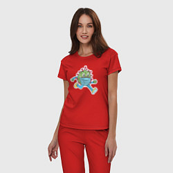 Пижама хлопковая женская Бегущий коронавирус в маске, цвет: красный — фото 2