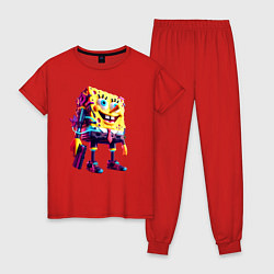 Пижама хлопковая женская Губка Боб с пистолетом - киберпанк - нейросеть, цвет: красный