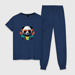 Пижама хлопковая женская Стильная панда в очках, цвет: тёмно-синий