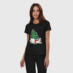 Пижама хлопковая женская Котик против елки, цвет: черный — фото 2