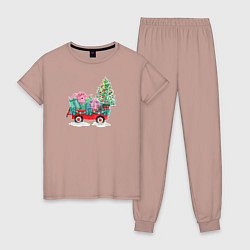 Пижама хлопковая женская Красный рождественский грузовик, цвет: пыльно-розовый