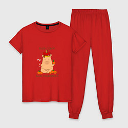 Пижама хлопковая женская Капибара в короне: будь собой, цвет: красный