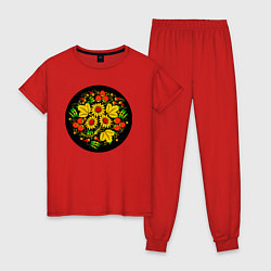 Женская пижама Хохломская роспись цветы и ягоды в чёрном круге