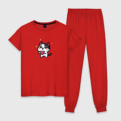Пижама хлопковая женская Котенок с сердечком, цвет: красный