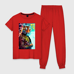 Пижама хлопковая женская Модный тигр - неон, цвет: красный