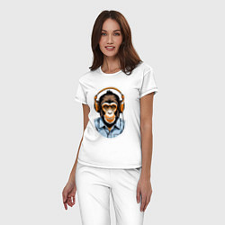 Пижама хлопковая женская Портрет обезьяны в наушниках, цвет: белый — фото 2