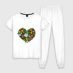 Пижама хлопковая женская Сердце из цветов и травы, цвет: белый