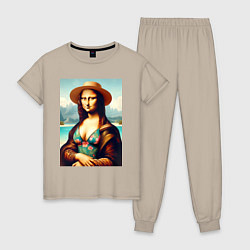 Пижама хлопковая женская Мона Лиза в купальнике и шляпе на пляже, цвет: миндальный