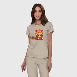 Пижама хлопковая женская Красная панда ест лапшу, цвет: миндальный — фото 2