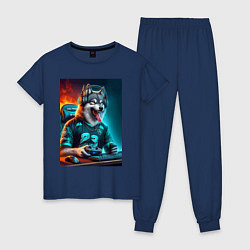 Пижама хлопковая женская Волчара кибер спортсмен - нейросеть, цвет: тёмно-синий