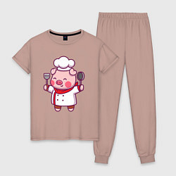 Пижама хлопковая женская Поросёнок повар, цвет: пыльно-розовый