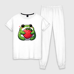 Пижама хлопковая женская Толстая лягушка обнимает клубнику, цвет: белый