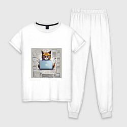 Пижама хлопковая женская Кот программист за ноутбуком, цвет: белый