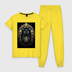 Пижама хлопковая женская Черная кошка с золотыми элементами, цвет: желтый