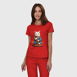 Пижама хлопковая женская Кот удачи манеки неко, цвет: красный — фото 2