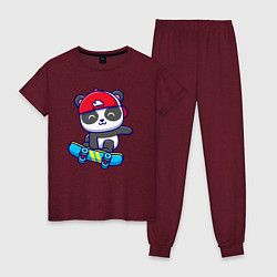Пижама хлопковая женская Panda skater, цвет: меланж-бордовый
