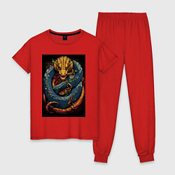 Пижама хлопковая женская Муай тай синий дракон, цвет: красный
