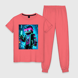 Пижама хлопковая женская Minecraft - neon character ai art, цвет: коралловый