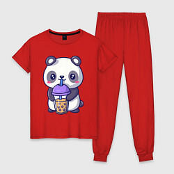 Пижама хлопковая женская Panda drink, цвет: красный