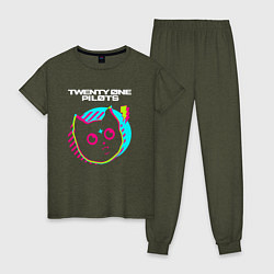 Пижама хлопковая женская Twenty One Pilots rock star cat, цвет: меланж-хаки