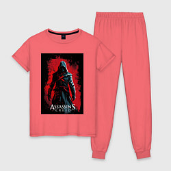 Пижама хлопковая женская Assassins creed на фоне красной стены, цвет: коралловый