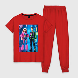 Пижама хлопковая женская Барби и Кен в ночном городе - нейросеть, цвет: красный