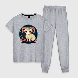 Пижама хлопковая женская Барашек знак зодиака Овен на фоне цветов, цвет: меланж