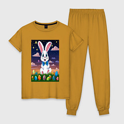 Пижама хлопковая женская Заяц в бабочке под небом, цвет: горчичный
