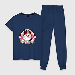 Пижама хлопковая женская Колли среди цветов сакуры, цвет: тёмно-синий