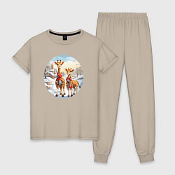 Пижама хлопковая женская Жирафы зимой, цвет: миндальный