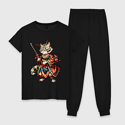 Пижама хлопковая женская Кот ниндзя - японский воин, цвет: черный