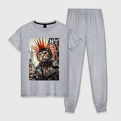 Пижама хлопковая женская Котяра панк из Нью-Йорка - нейросеть, цвет: меланж