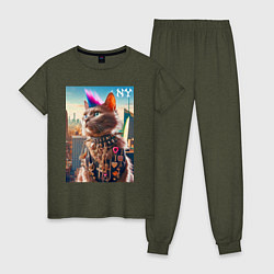 Пижама хлопковая женская Funny cat punk from New York - ai art, цвет: меланж-хаки