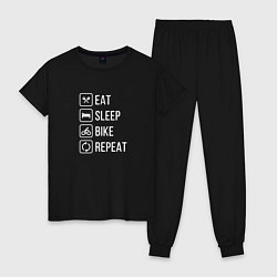 Пижама хлопковая женская Eat sleep bike repeat, цвет: черный