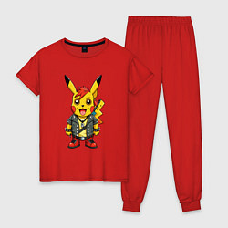 Пижама хлопковая женская Пикачу в рок стиле, цвет: красный