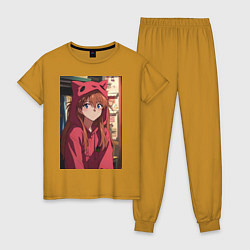 Пижама хлопковая женская Евангелион Аска Лэнгли Сорью кошка, цвет: горчичный
