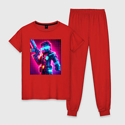 Пижама хлопковая женская Minecraft and cyberpunk collaboration - neon glow, цвет: красный