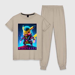 Пижама хлопковая женская Cyberpunk - terrible Pikachu with claws, цвет: миндальный