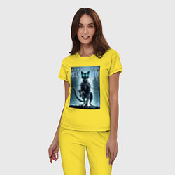 Пижама хлопковая женская Cyber black cat - halloween horror fantasy, цвет: желтый — фото 2