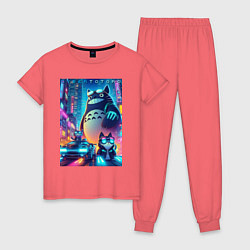 Пижама хлопковая женская Totoro and cats - cyberpunk, цвет: коралловый