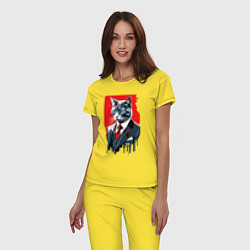 Пижама хлопковая женская Кот джентльмен с голубыми глазами - мем, цвет: желтый — фото 2