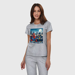 Пижама хлопковая женская Человек паук и Бэтмен пьют пиво на крыше небоскрёб, цвет: меланж — фото 2