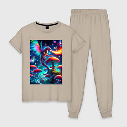 Пижама хлопковая женская Сказочный дракон на планете неоновых грибов, цвет: миндальный