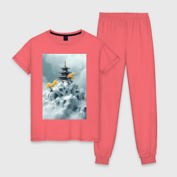 Пижама хлопковая женская Тихий японский пейзаж, цвет: коралловый