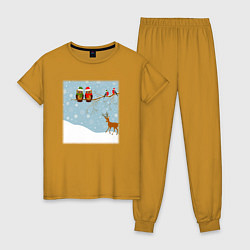 Пижама хлопковая женская Новогодние птицы на ветке, цвет: горчичный
